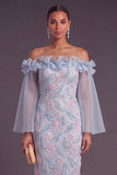 Saprkly Beaded Dusty Blue Floral Sheath Ruffled Long Wedding Guest Dress