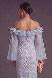 Saprkly Beaded Dusty Blue Floral Sheath Ruffled Long Wedding Guest Dress