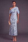 Sky Blue Saprkly Sequins Beaded Mermaid Floral Long Formal Dress