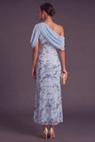 Sky Blue Saprkly Sequins Beaded Mermaid Floral Long Formal Dress