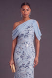 Sky Blue Saprkly Sequins Beaded Mermaid Floral Long Formal Dress