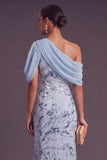 Sky Blue Saprkly Sequins Beaded Mermaid Floral Long Formal Dress