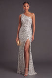 Sparkly Sequins Silver Mermaid One Shoulder Long Formal Dress with Slit