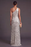Sparkly Sequins Silver Mermaid One Shoulder Long Formal Dress with Slit