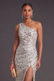 Sparkly Sequins Silver Mermaid One Shoulder Long Formal Dress with Slit