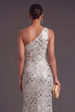 Sparkly Sequins Silver Mermaid One Shoulder Long Formal Dress with Slit