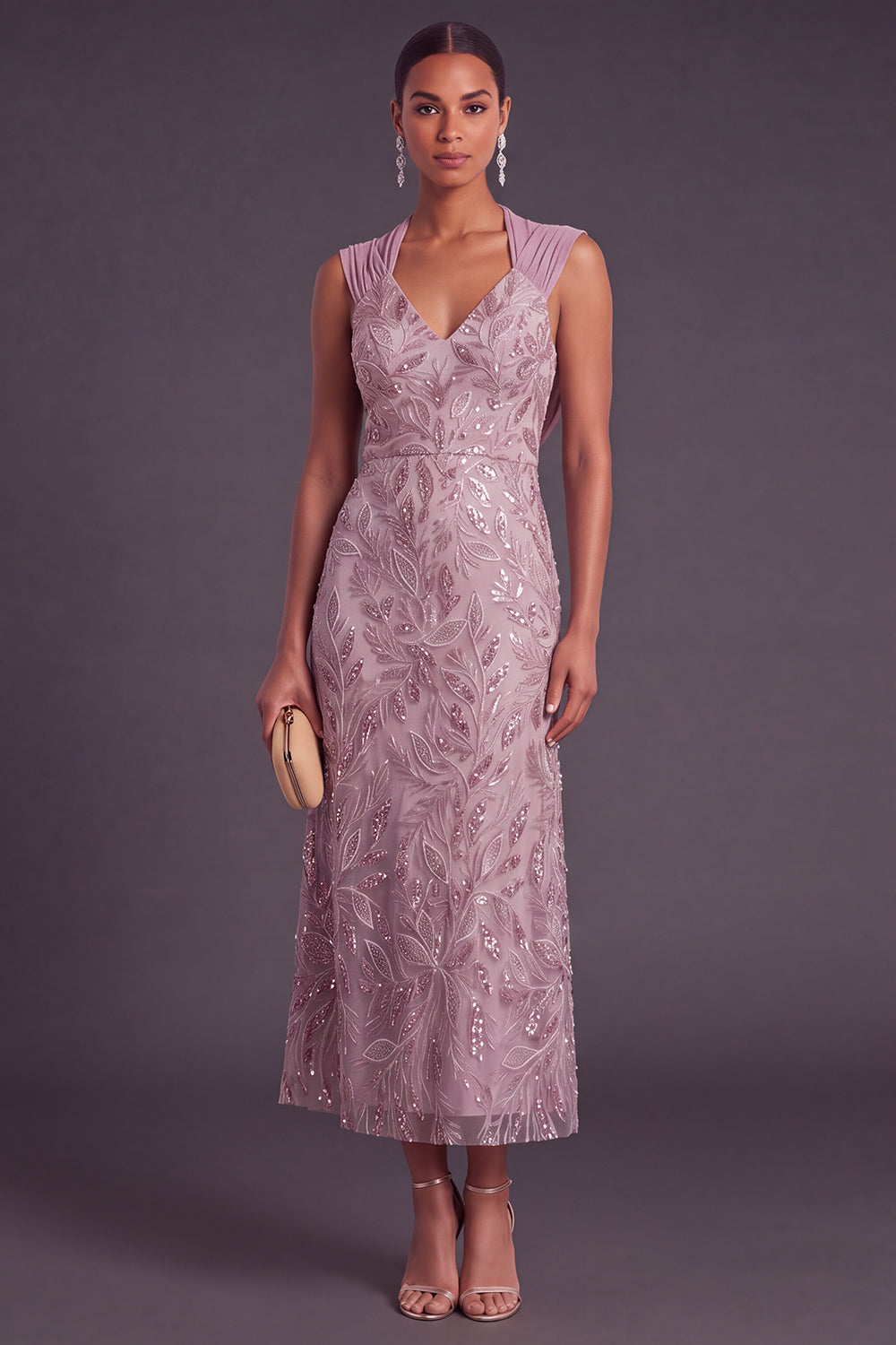 Sparkly Vintage Mauve Mermaid V-Neck Floral Sequins Long Formal Dress