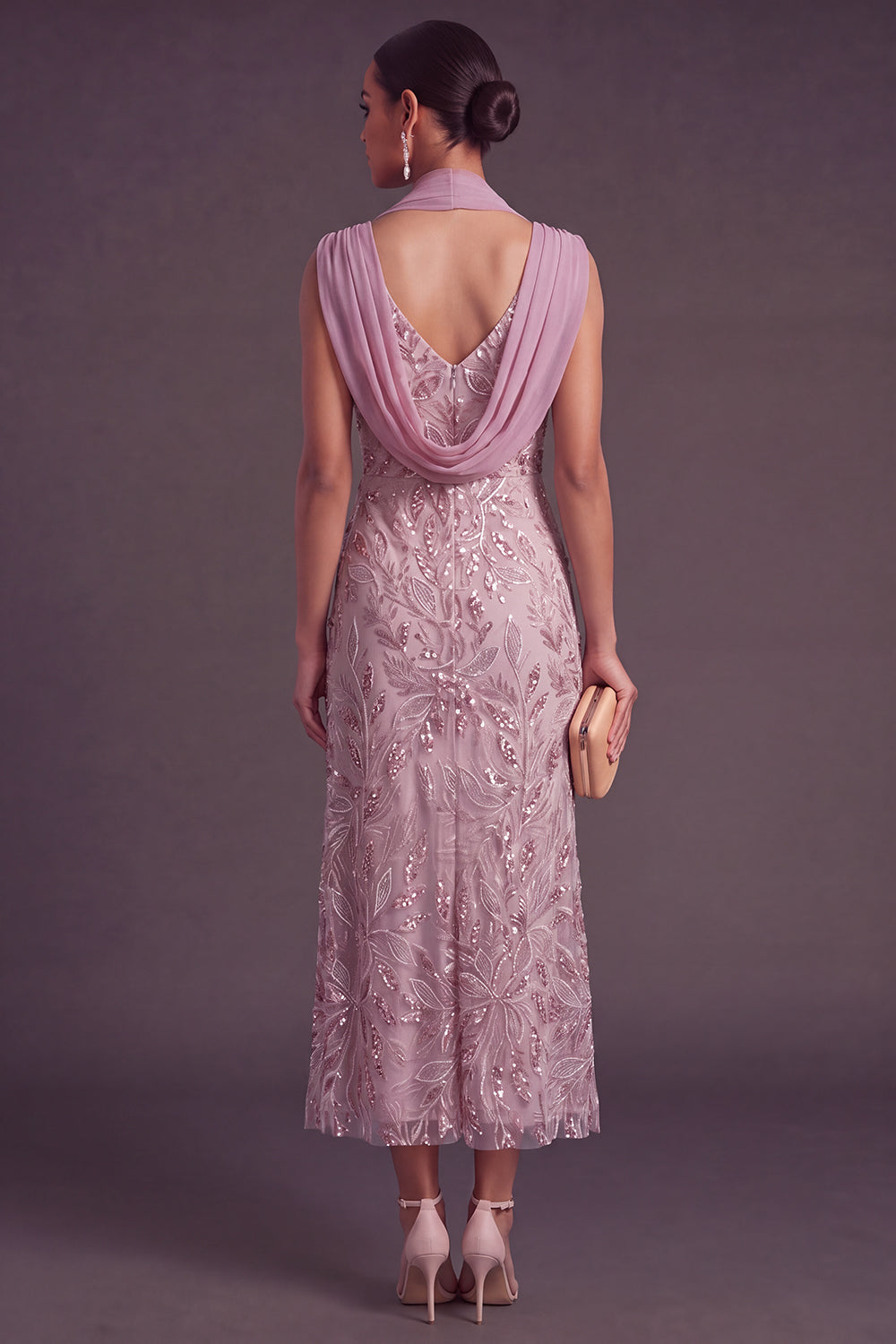 Sparkly Vintage Mauve Mermaid V-Neck Floral Sequins Long Formal Dress