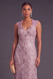 Sparkly Vintage Mauve Mermaid V-Neck Floral Sequins Long Formal Dress
