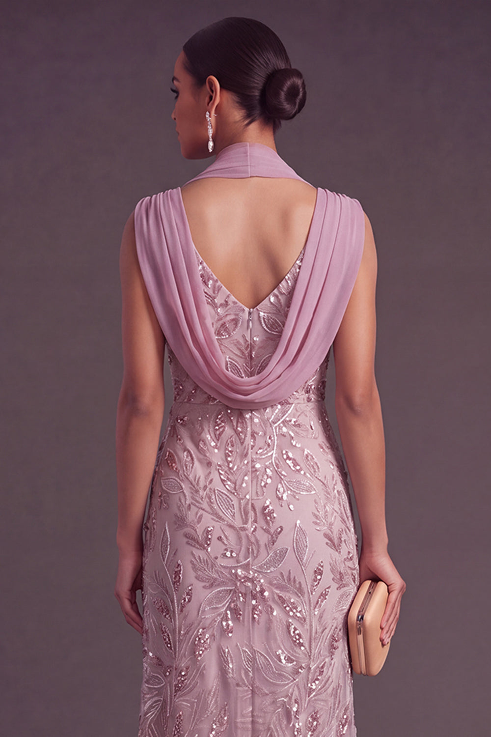 Sparkly Vintage Mauve Mermaid V-Neck Floral Sequins Long Formal Dress