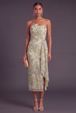 Sparkly Beaded Sequins Dusty Sage Sheath Floral Midi Wedding Guest Dress