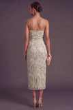 Sparkly Beaded Sequins Dusty Sage Sheath Floral Midi Wedding Guest Dress