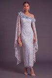 Sparkly Dusty Blue Sheath One Shoulder Floral Long Formal Dress with Ruffles