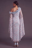 Sparkly Dusty Blue Sheath One Shoulder Floral Long Formal Dress with Ruffles