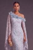 Sparkly Dusty Blue Sheath One Shoulder Floral Long Formal Dress with Ruffles
