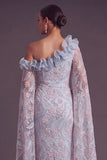 Sparkly Dusty Blue Sheath One Shoulder Floral Long Formal Dress with Ruffles