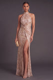 Sparkly Champagne Mermaid Halter Sequins Ruched Long Formal Dress with Slit
