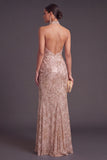 Sparkly Champagne Mermaid Halter Sequins Ruched Long Formal Dress with Slit