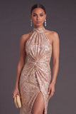 Sparkly Champagne Mermaid Halter Sequins Ruched Long Formal Dress with Slit