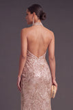 Sparkly Champagne Mermaid Halter Sequins Ruched Long Formal Dress with Slit