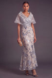 Sparkly Sequins Silver Mermaid V-Neck Long Floral Wedding Guest Dress