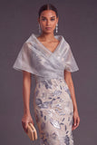 Sparkly Sequins Silver Mermaid V-Neck Long Floral Wedding Guest Dress