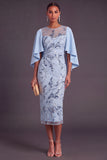 Sky Blue Sparkly Sequins Sheath Beaded Floral Midi Wedding Guest Dress with Cape