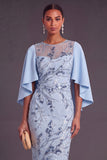 Sky Blue Sparkly Sequins Sheath Beaded Floral Midi Wedding Guest Dress with Cape