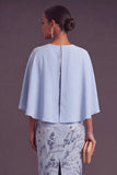 Sky Blue Sparkly Sequins Sheath Beaded Floral Midi Wedding Guest Dress with Cape