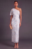 Sparkly Sequins Beaded White Sheath One Shoulder Floral Long Formal Dress
