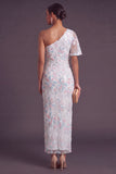 Sparkly Sequins Beaded White Sheath One Shoulder Floral Long Formal Dress