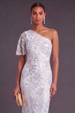 Sparkly Sequins Beaded White Sheath One Shoulder Floral Long Formal Dress