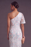 Sparkly Sequins Beaded White Sheath One Shoulder Floral Long Formal Dress