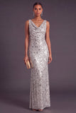 Silver Sparkly Sequins Cowl Neck Mermaid Long Formal Dress