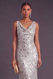 Silver Sparkly Sequins Cowl Neck Mermaid Long Formal Dress