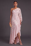 Sparkly Sequins Pink Mermiad Floral Asymmetrical Formal Dress with Ruffles