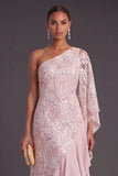 Sparkly Sequins Pink Mermiad Floral Asymmetrical Formal Dress with Ruffles