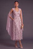 Sparkly Sequins Fog A-Line V-Neck Midi Floral Wedding Guest Dress with Cape
