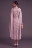 Sparkly Sequins Fog A-Line V-Neck Midi Floral Wedding Guest Dress with Cape