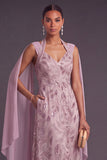Sparkly Sequins Fog A-Line V-Neck Midi Floral Wedding Guest Dress with Cape