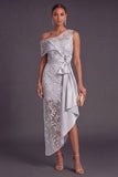 Sparkly Light Grey One Shoulder Sequins Asymmetrical Wedding Guest Dress with Bow