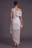 Sparkly Light Grey One Shoulder Sequins Asymmetrical Wedding Guest Dress with Bow