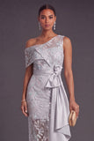Sparkly Light Grey One Shoulder Sequins Asymmetrical Wedding Guest Dress with Bow