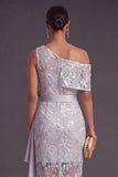 Sparkly Light Grey One Shoulder Sequins Asymmetrical Wedding Guest Dress with Bow