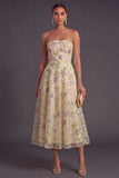 Dusty Sage Sparkly Sequins Beaded A-Line Strapless Floral Midi Wedding Guest Dress