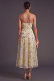 Dusty Sage Sparkly Sequins Beaded A-Line Strapless Floral Midi Wedding Guest Dress