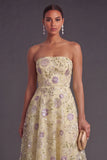 Dusty Sage Sparkly Sequins Beaded A-Line Strapless Floral Midi Wedding Guest Dress