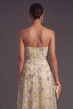 Dusty Sage Sparkly Sequins Beaded A-Line Strapless Floral Midi Wedding Guest Dress