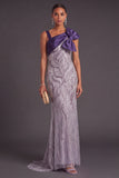 Sparkly Beaded Purple Mermaid Asymmetrical Sequins Long Formal Dress with Bow