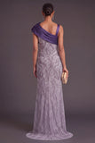 Sparkly Beaded Purple Mermaid Asymmetrical Sequins Long Formal Dress with Bow